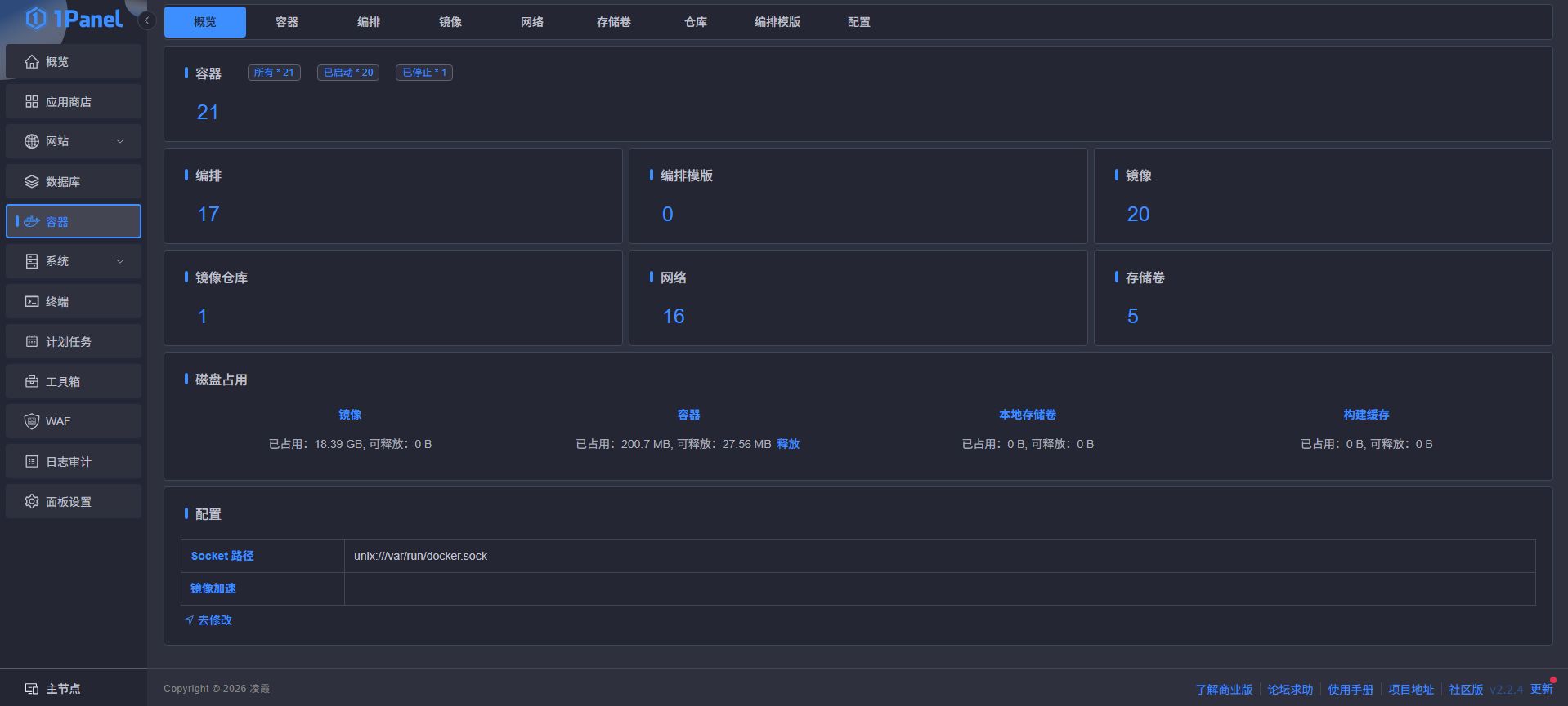 个人1Panel面板使用的容器概况图